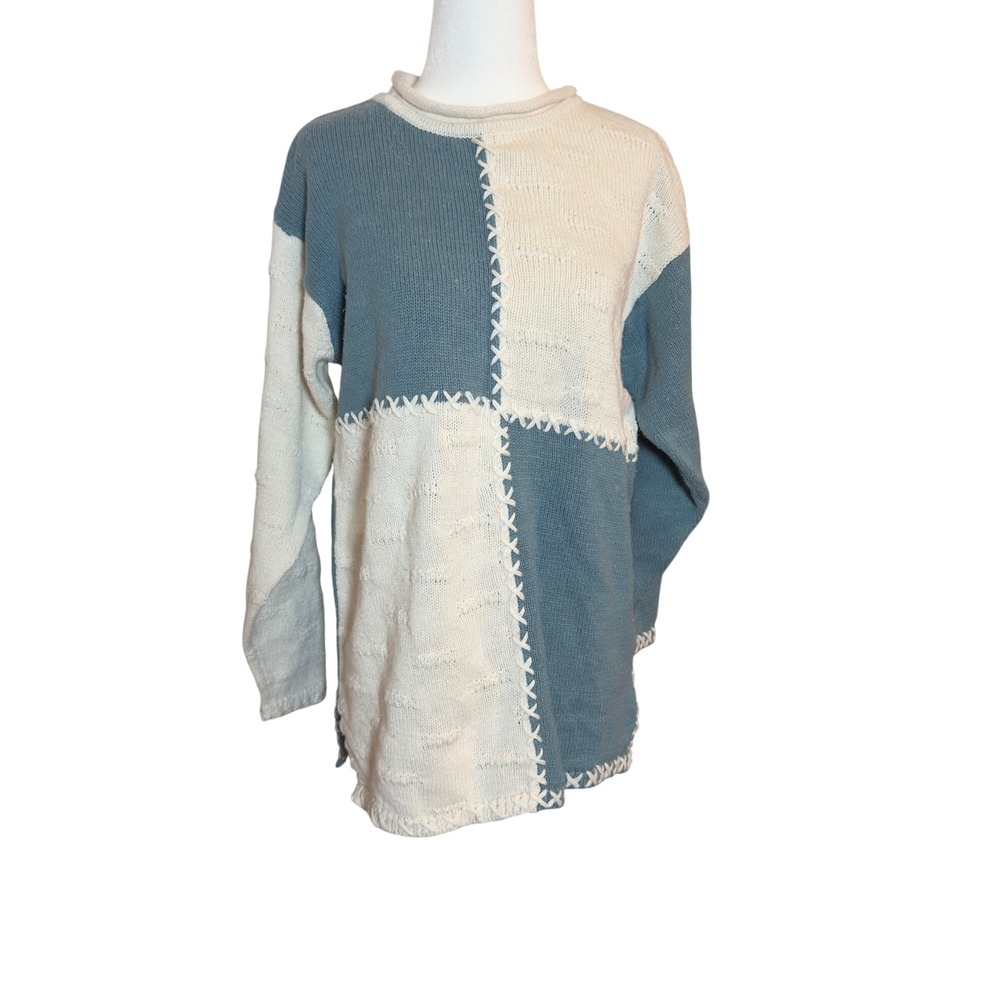 Vintage Petite‎ Sophisticate 90s Colorblock Sweater Blue Cream Cottagecore Small